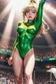 A woman in a green bodysuit standing in front of a crowd.