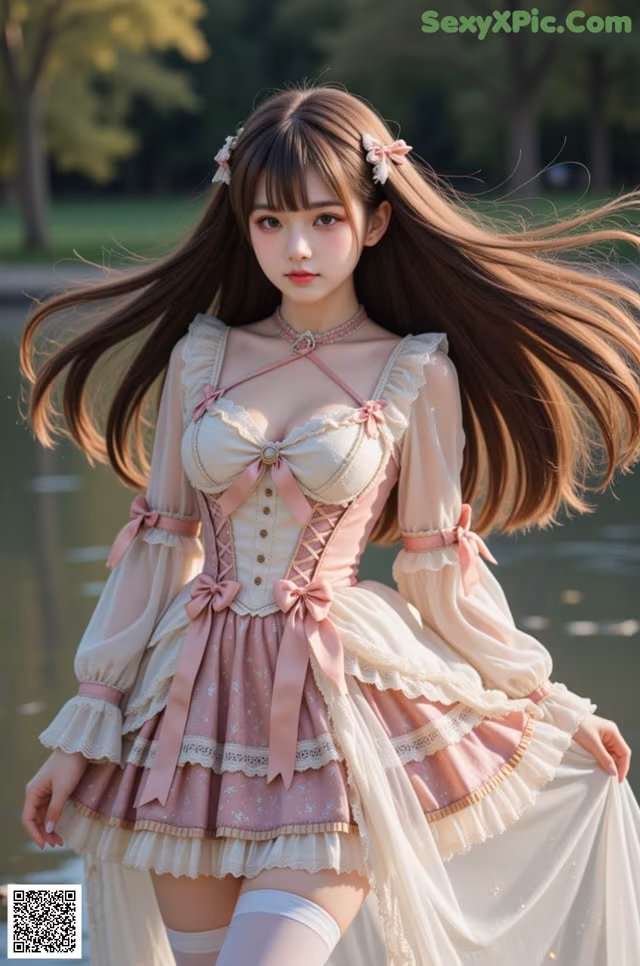 A woman in a pink and white dress posing by a lake.