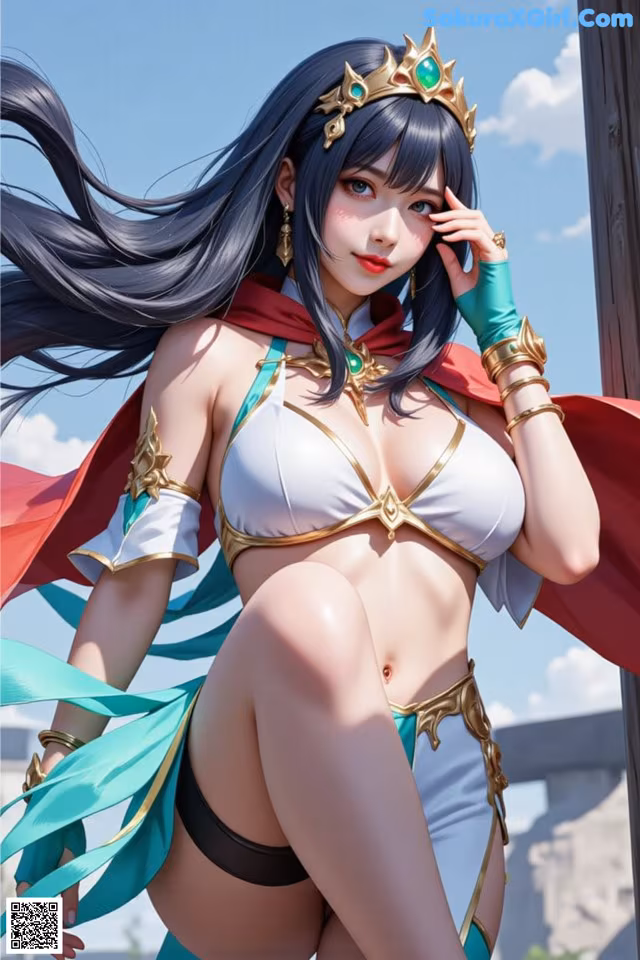 A woman in a bikini with a crown on her head.