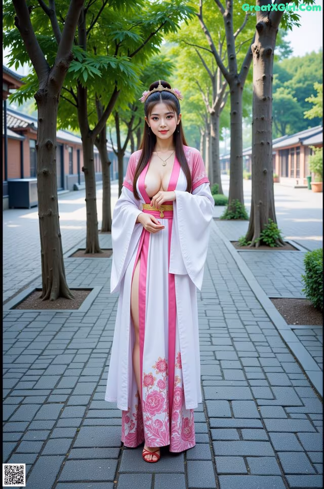 A woman in a pink and white dress standing on a sidewalk.