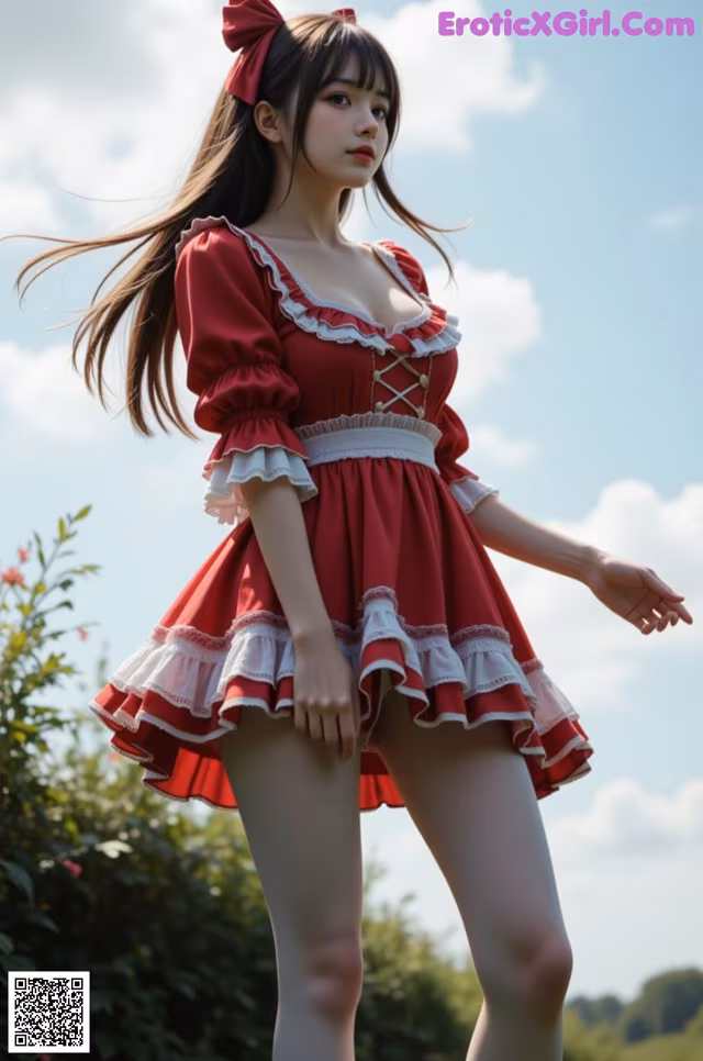 A woman in a red and white dress is posing for a picture.