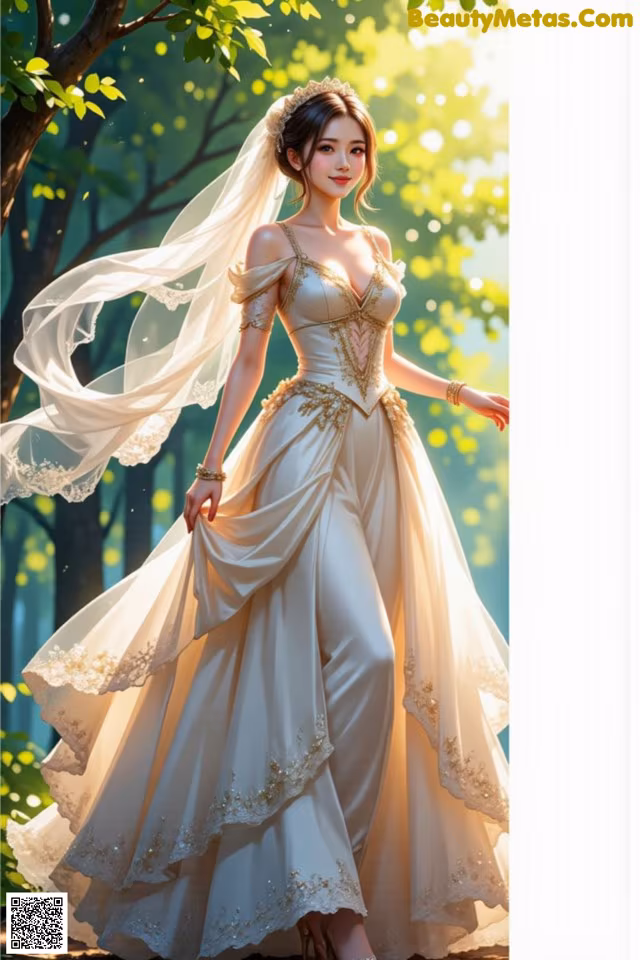 A woman in a wedding dress standing in the woods.