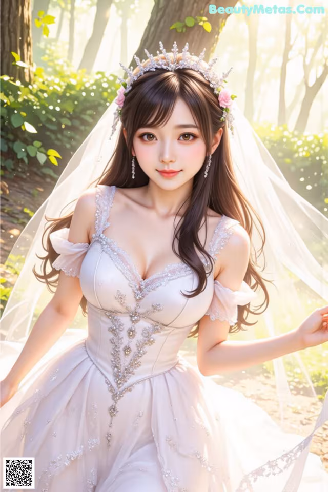 A woman in a wedding dress with a veil and a tia.