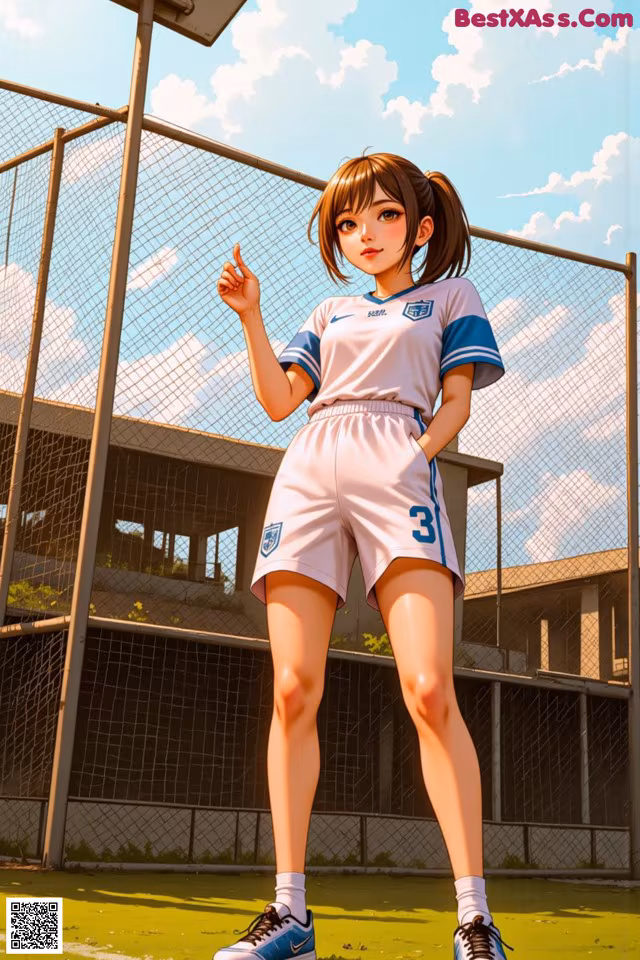 A girl in a soccer uniform standing on a field.