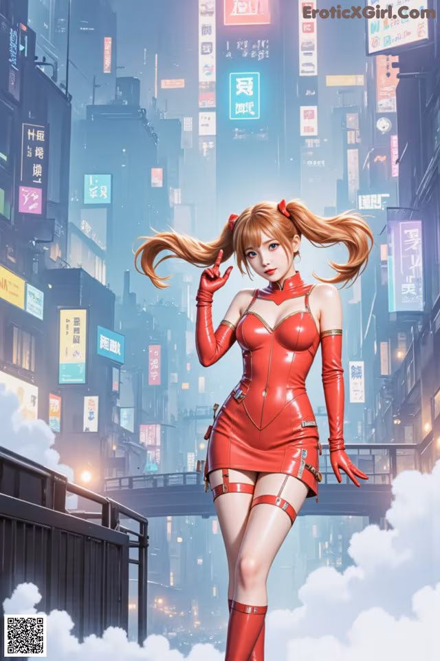 A woman in a red latex outfit standing in the middle of a city.