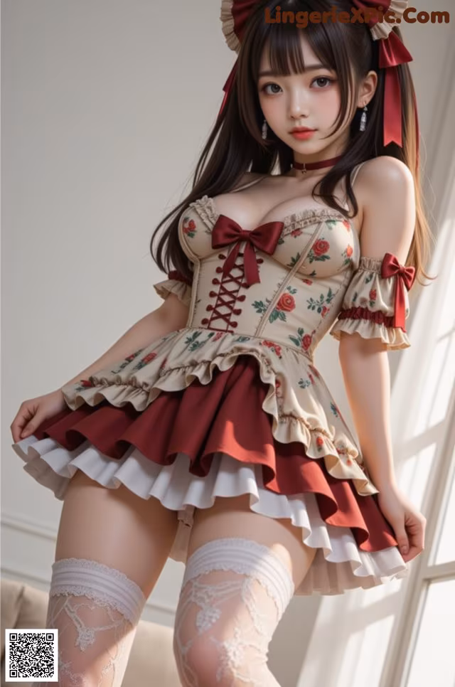 a woman in a red and white dress and stockings posing for a picture