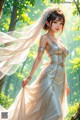 A woman in a wedding dress standing in the woods.