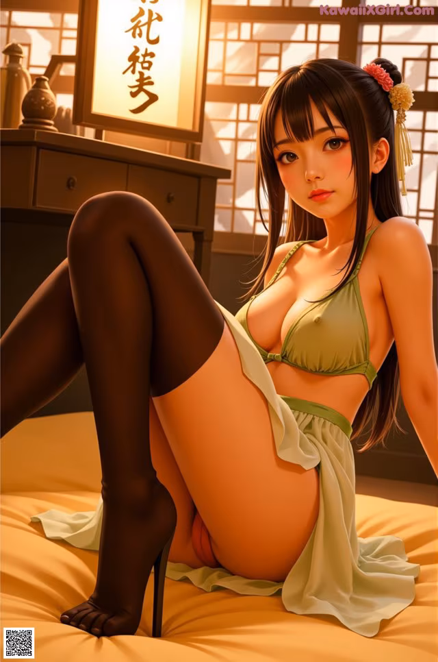 A woman in a green bikini sitting on a bed.