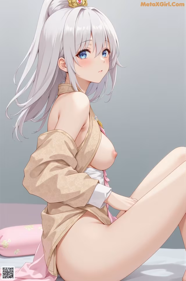 Anime girl in a kimono sitting on a bed.