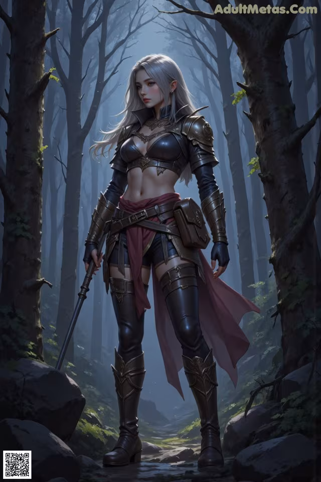 A woman in armor standing in a forest holding a sword.