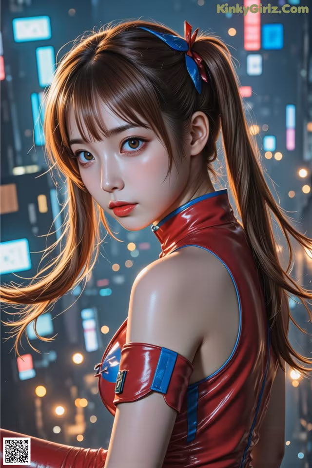 A woman in a red and blue outfit standing in front of a city.